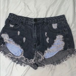 Distressed faded black denim shorts